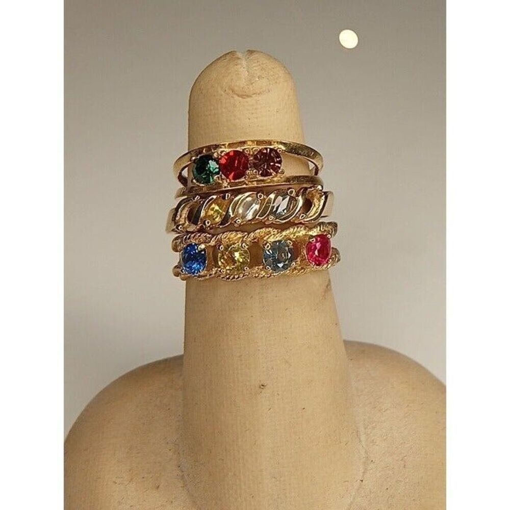 Size 6-7.5 Gold‎ Tone Brass Rhinestone Rings Lot of 3 (10c2)